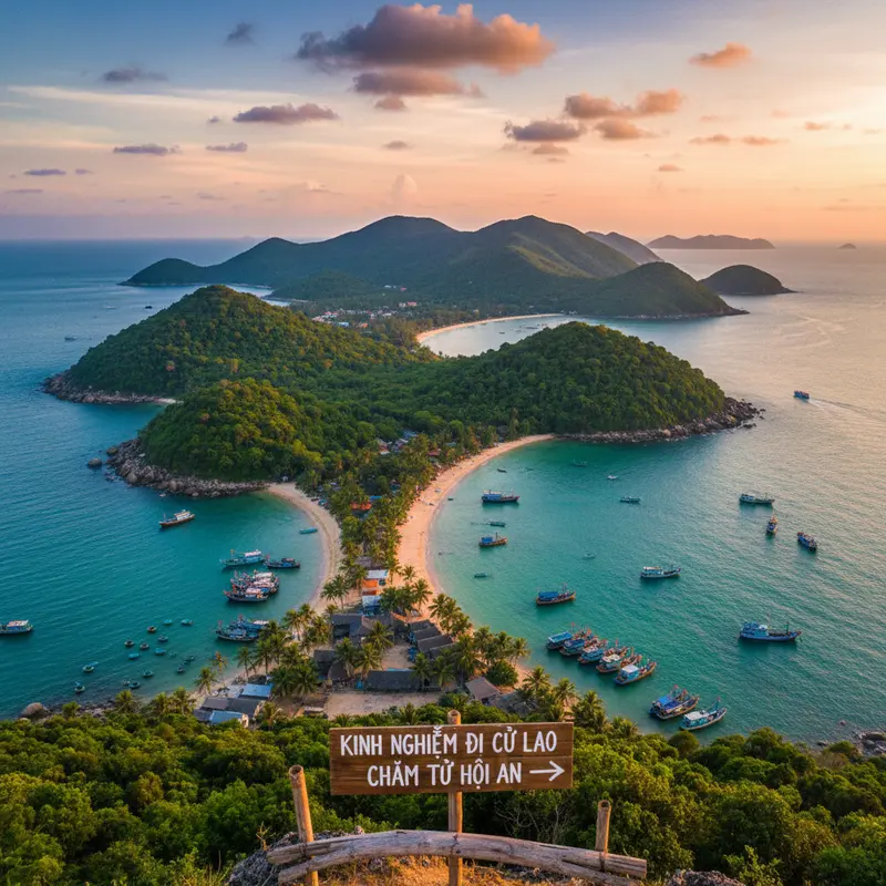 Panoramic view of Cham Island from above, turquoise beach, lush green forest, anchored fishing boats – Cham Island experience from Hoi An