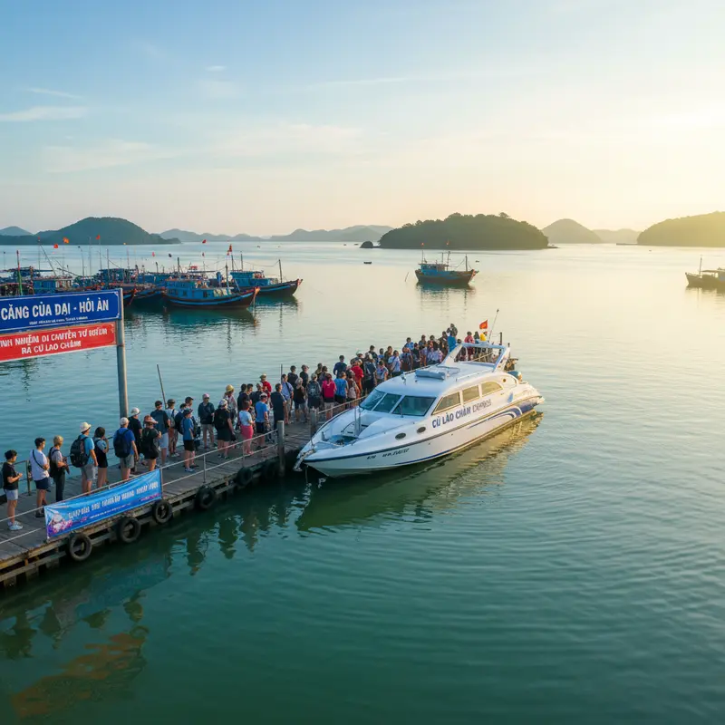 Cua Dai Port Hoi An early morning, speedboats preparing to depart for Cu Lao Cham, tourists queuing to board – experience of traveling from Hoi An to Cu Lao Cham