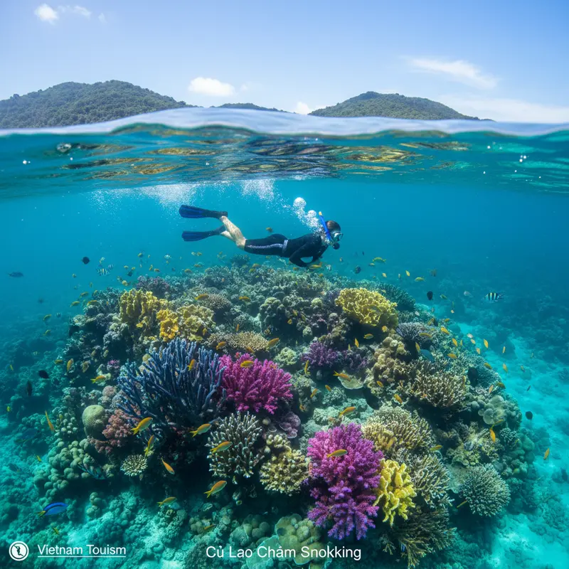 Divers snorkeling to see colorful coral and tropical fish in the waters of Cham Islands, with clear turquoise water – snorkeling in Cham Islands