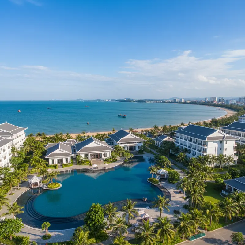Общий вид курорта Da Nang Mikazuki Japanese Resorts & Spa с высоты птичьего полета, с японским открытым бассейном, изящными белыми зданиями и бирюзовым морем Дананга позади