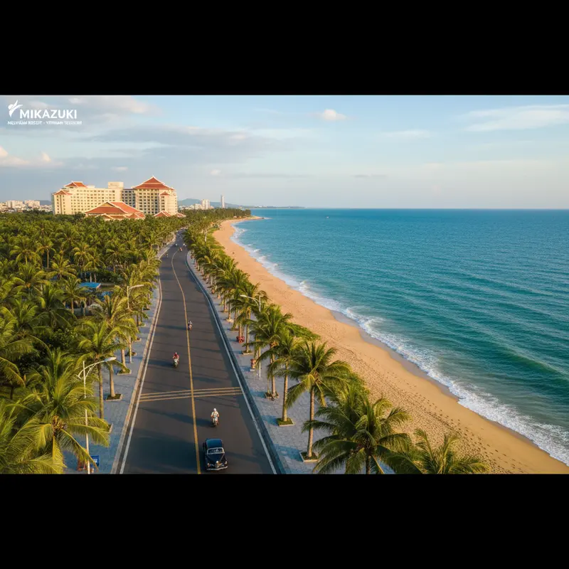 The picturesque coastal road Nguyen Tat Thanh leading to Mikazuki Resort, with rows of green coconut trees on both sides and the blue sea on the right