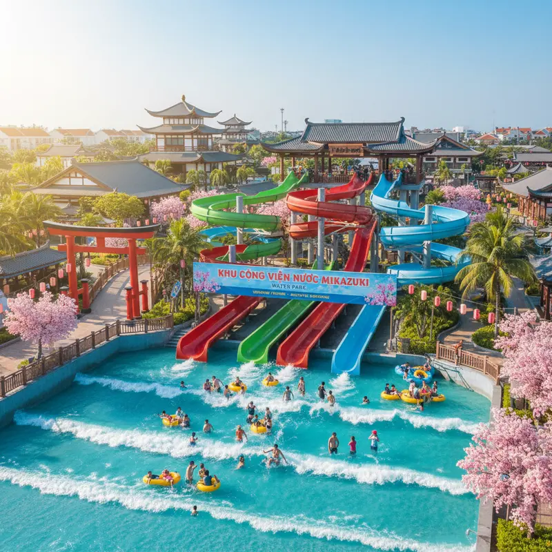 Mikazuki Water Park with colorful slides, a bustling artificial wave pool, and space decorated in Japanese style