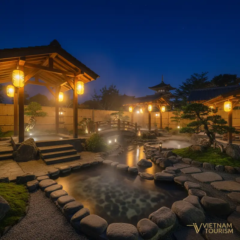Outdoor onsen area at Mikazuki at night with warm yellow lights, rising steam, and a quiet space with a Japanese ryokan style