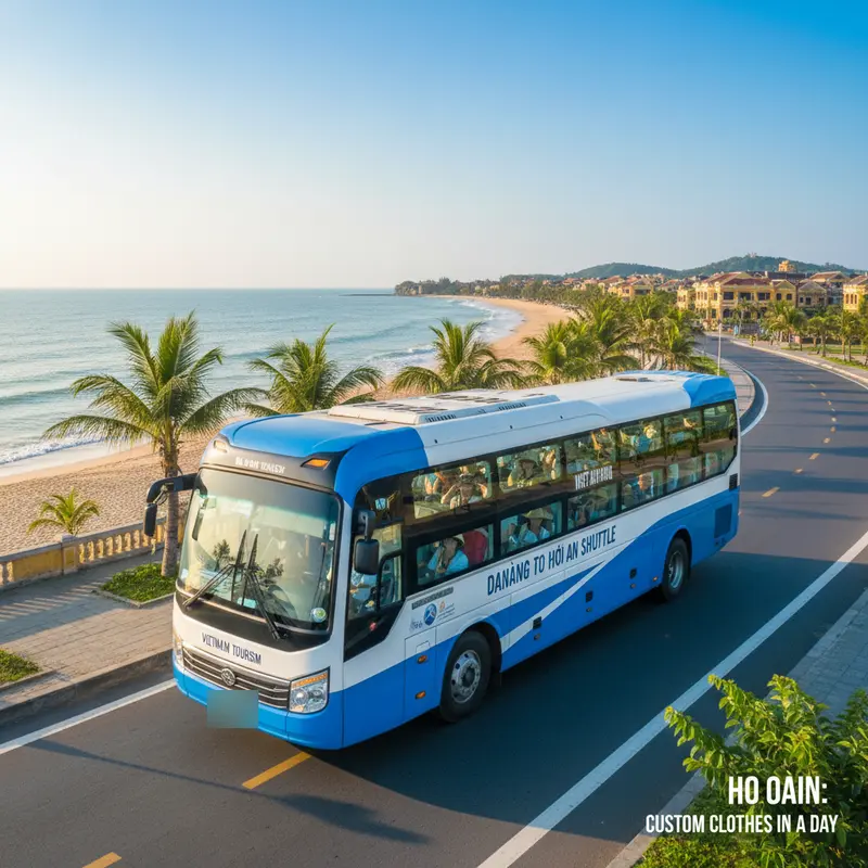 Da Nang에서 Hoi An 구시가지로 관광객을 픽업하는 차량, 아침 일찍 Cua Dai 해변 도로 - Hoi An으로 빠른 옷 맞추기를 위해 이동