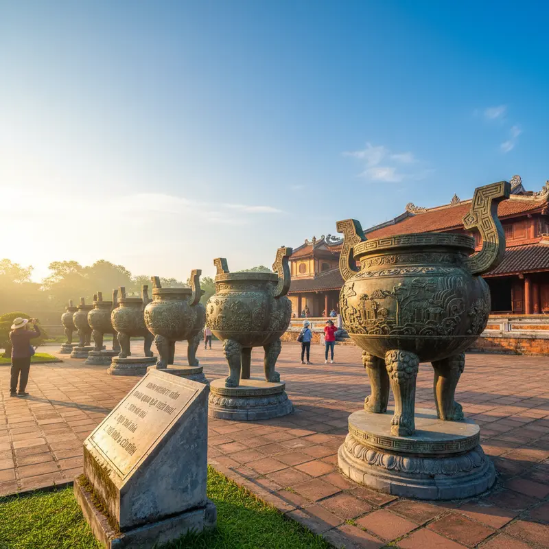 Cửu Đỉnh đồng trước Thế Miếu trong Đại Nội Huế, chi tiết chạm khắc tinh xảo, ánh sáng ban mai, kinh nghiệm tham quan Đại Nội Huế lịch trình
