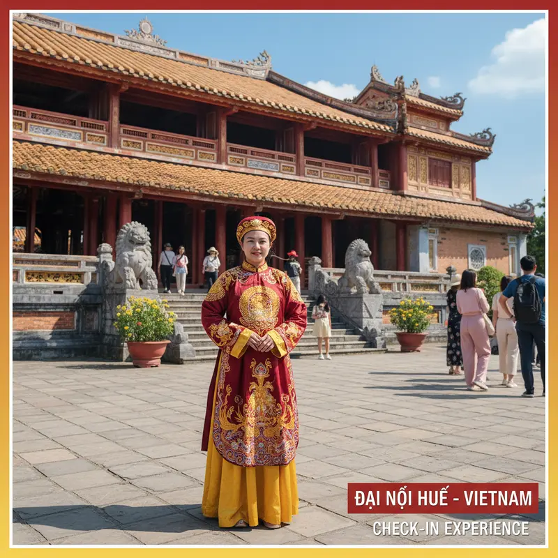 Du khách mặc cổ phục Huế chụp ảnh trước Điện Thái Hòa, áo dài cung đình màu vàng đỏ, không khí hoàng cung, kinh nghiệm tham quan Đại Nội Huế check-in