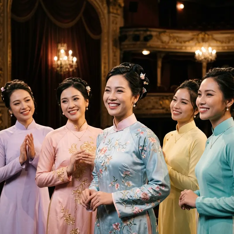 Performers in graceful áo dài, embodying traditional Vietnamese culture at the Hoi An Memories show