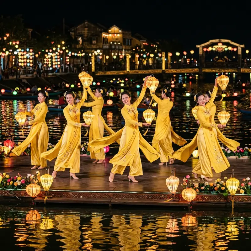 The dazzling and captivating lantern dance by hundreds of professional dancers on the Hoi An Memories stage