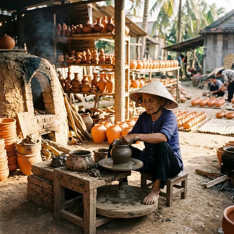 Panoramic view of Thanh Ha Hoi An Pottery Village seen from the bank of the Thu Bon River in the early morning, light kiln smoke rising, artisans sitting by traditional pottery wheels