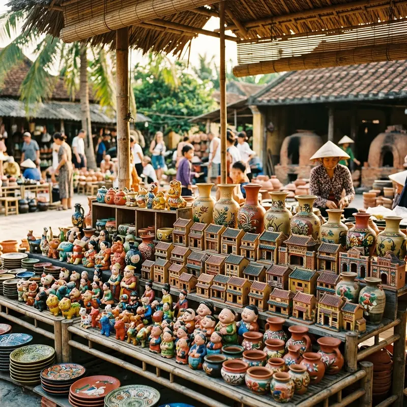 Close-up of a visitor's hands shaping pottery on a traditional potter's wheel at the Thanh Ha pottery workshop, red clay clinging to their hands, an elderly artisan guiding from behind