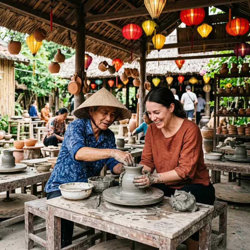 Miniature pottery city display area at Thanh Ha village with intricate red-fired pottery models of the Japanese Covered Bridge and Hoi An Ancient Town, illuminated by early morning light