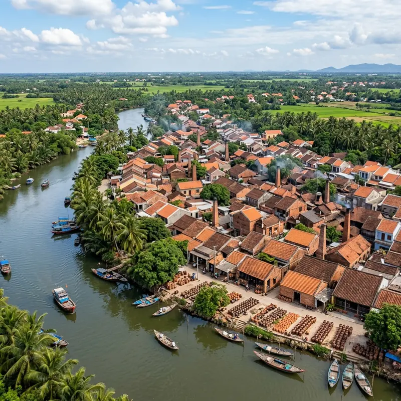 Finished Thanh Ha pottery products displayed for sale in village shops, including vases, tea cups, and decorative statues with the characteristic brick-red color of firewood-kiln fired pottery