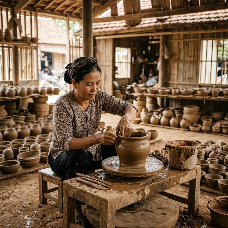 Artisan at Thanh Ha pottery village in Hoi An shaping a product on a traditional pottery wheel
