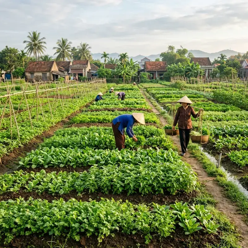 Panoramic view of Tra Que Vegetable Village, Hoi An in the early morning with lush green vegetable rows stretching out, farmers in conical hats watering vegetables.![The gentle morning sun, with the De Vong River in the distance