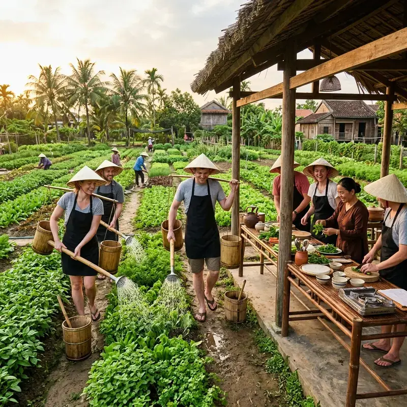 Tourists in farmer's attire learning to scoop river seaweed at the De Vong riverbank in Tra Que village, a local guide wearing a conical hat stands by giving instructions, with lush green vegetable fields in the background