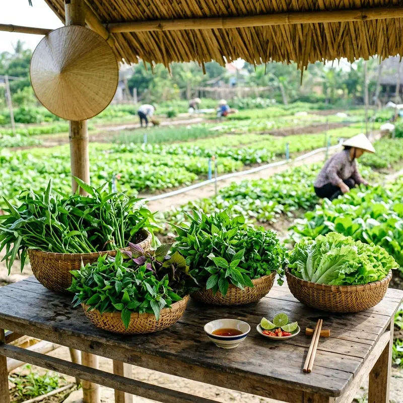 Tourists and farmers sitting together enjoying breakfast on a bamboo bed under a canopy, the dining table has dishes of green vegetables freshly cooked from the Tra Que garden, the atmosphere is warm and simple