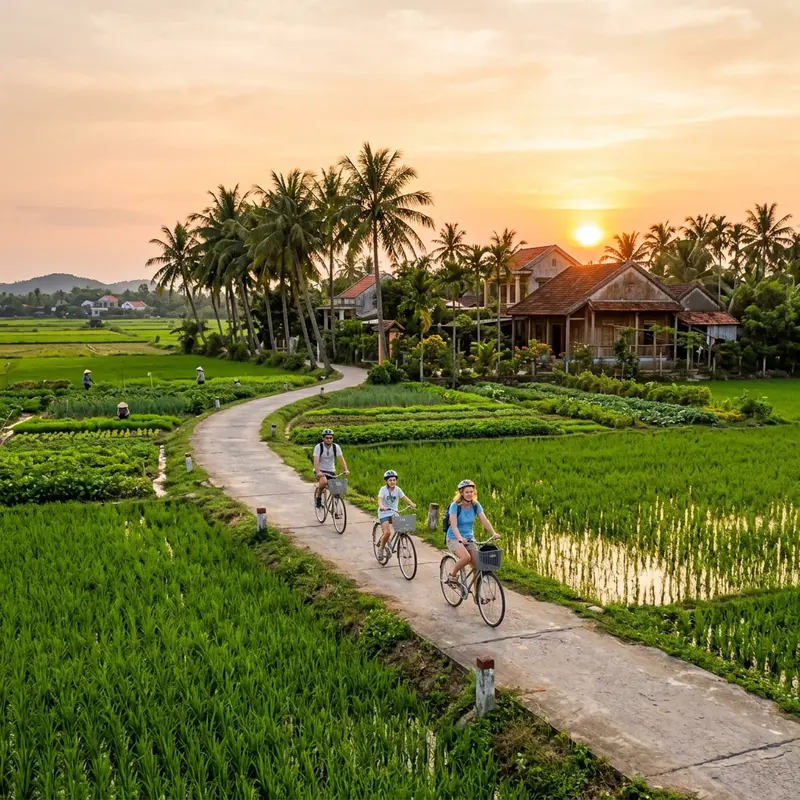 Aerial view of the straight, interweaving Tra Que vegetable beds in various shades of green, with the De Vong River and surrounding villages visible in the early morning light