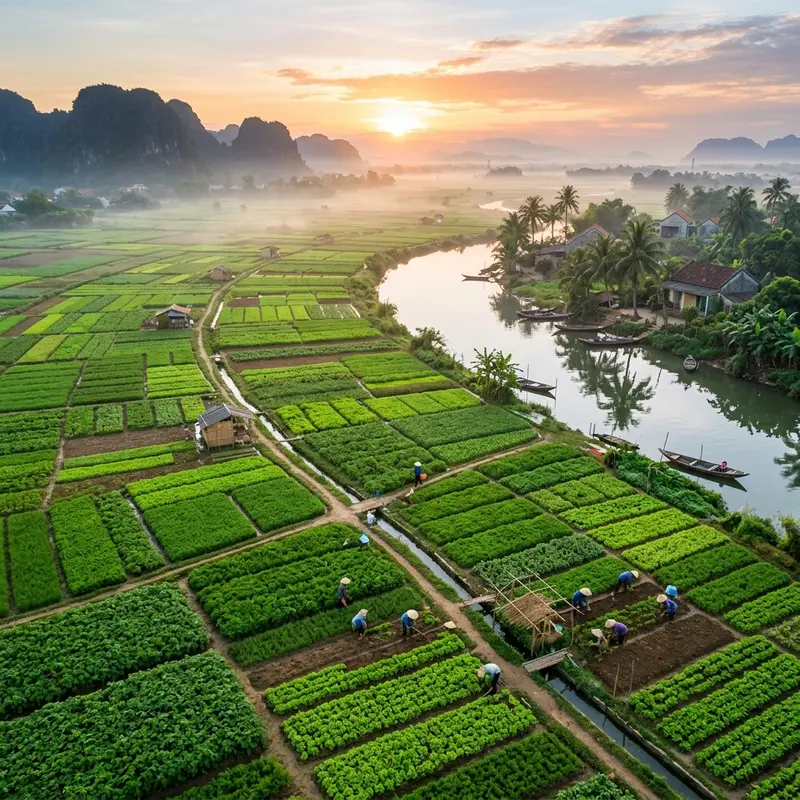 Lush green Tra Que vegetable fields in Hoi An on an early morning by the river