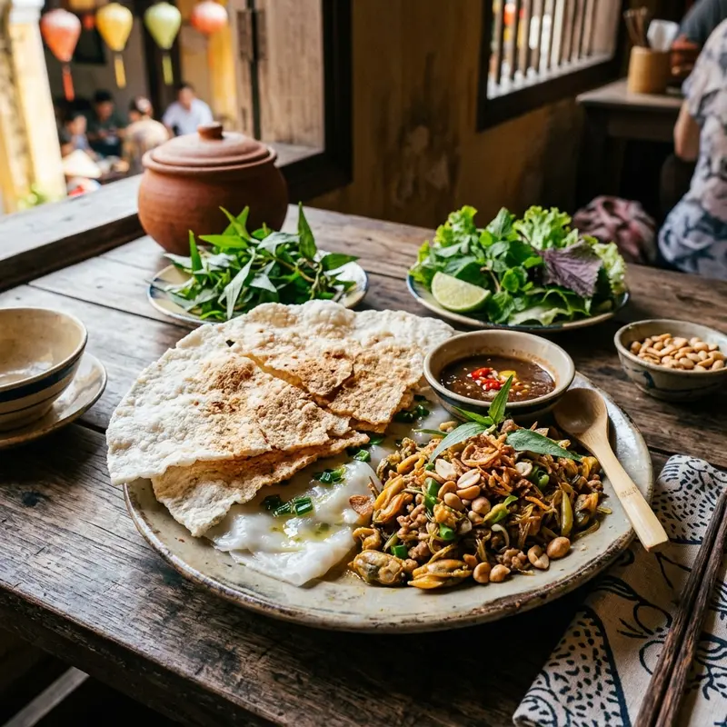 Bánh đập Hội An với bánh tráng giòn đập vỡ trên bánh ướt, ăn kèm hến xúc và rau sống