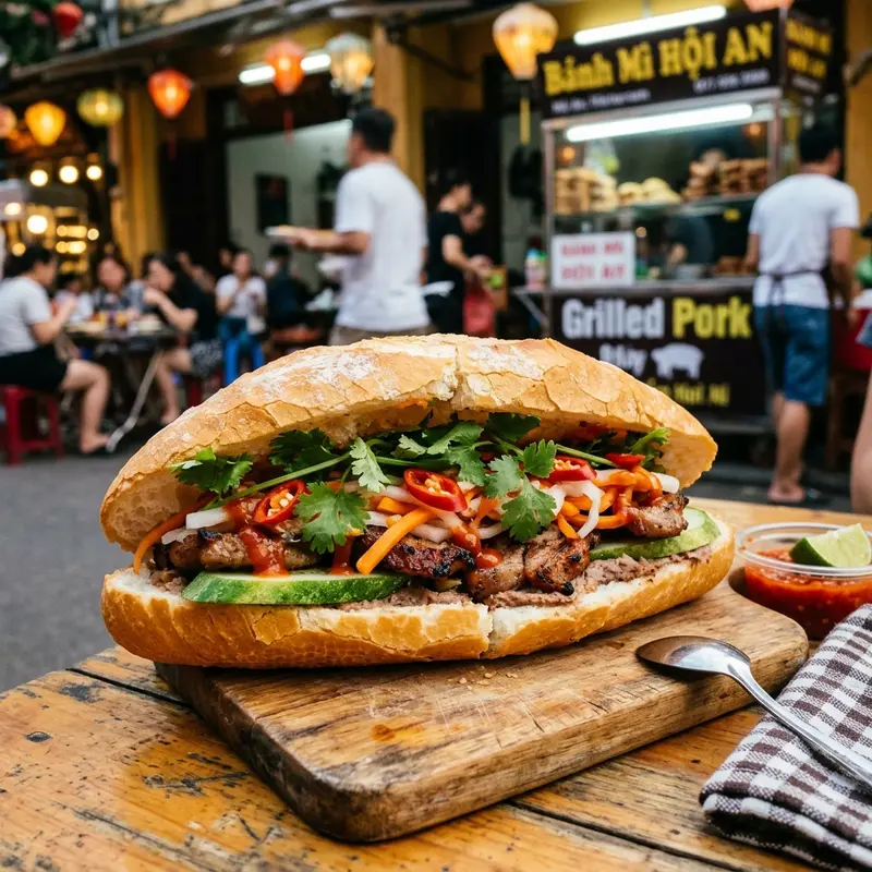Bánh mì Phượng Hội An với vỏ giòn rụm, nhân pate, chả lụa, rau sống và tương ớt bí truyền