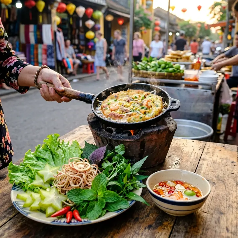 Đĩa bánh xèo mini Hội An vàng ươm giòn rụm ăn kèm rau sống tươi và nước chấm