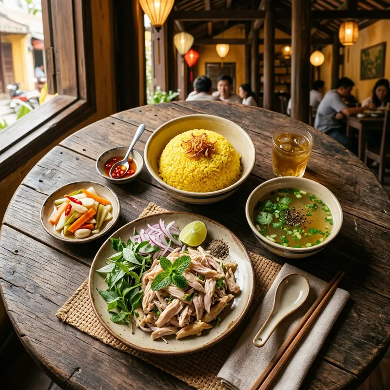 Dĩa cơm gà Bà Buội Hội An với cơm vàng tơi, thịt gà xé phay, hành phi và nước dùng
