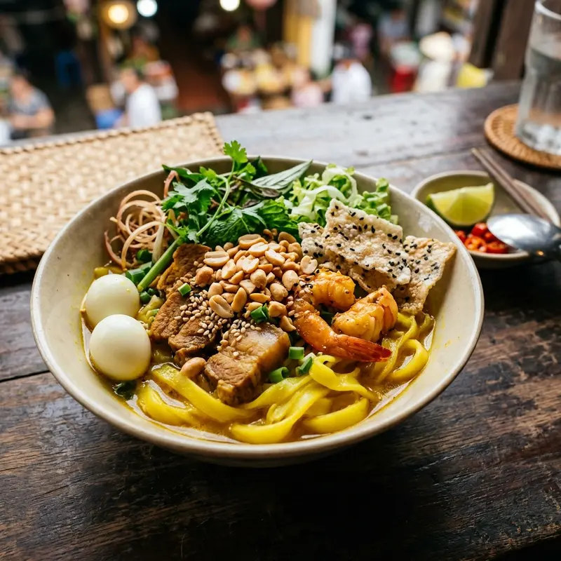 Mi Quang tom thit dac san mien Trung, soi mi vang dai, nuoc dung dam da, rau song tuoi xanh