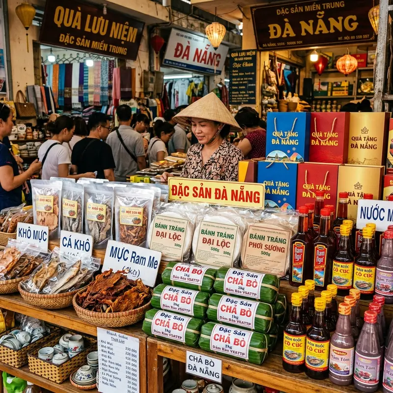 Image of Da Nang specialties sold at Han Market - dried sesame cakes, dried squid, Nam O fish sauce, fermented shrimp - with rich colors and a vibrant traditional market atmosphere