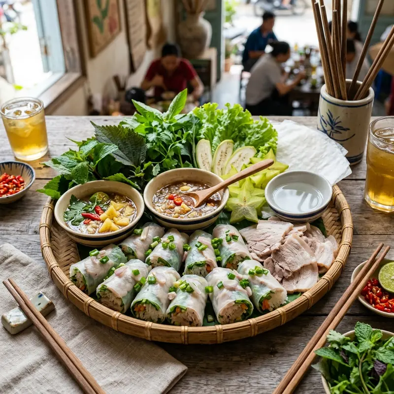 Image of dried Mi Quang noodle packages, Tuy Loan rice paper, and Nam Ô fish sauce neatly arranged in a gift basket, with a cozy wooden background, traditional gift style