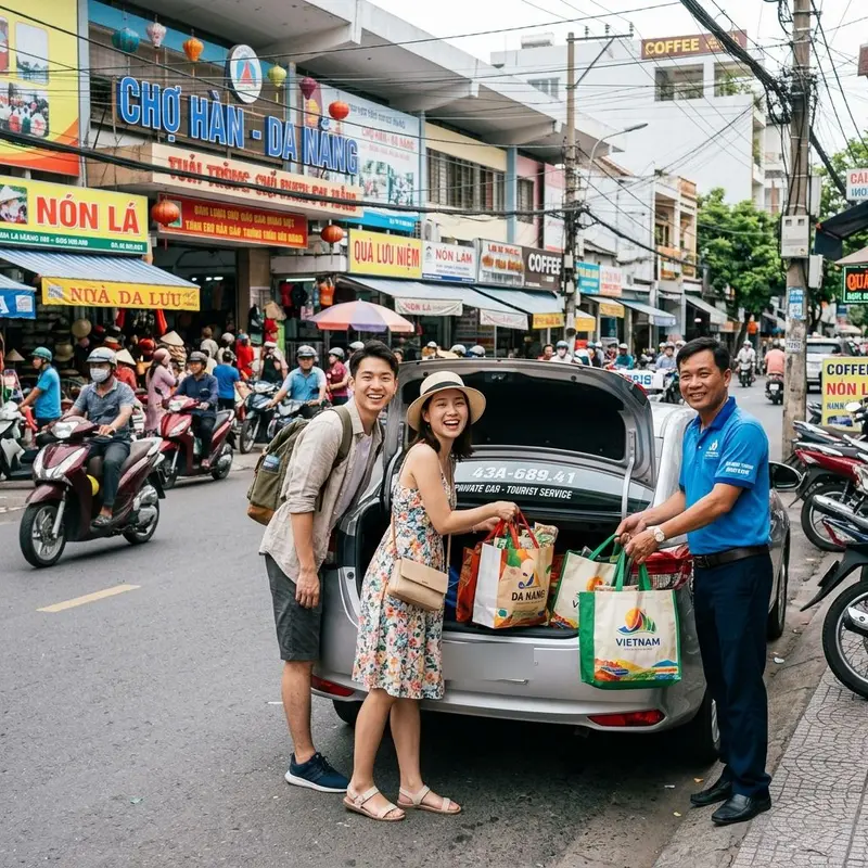 Image of a luxurious Faifo Express tourist car parked in front of Han Market Da Nang, a driver in a smart uniform standing next to the car, tourists are getting out with gift bags in hand