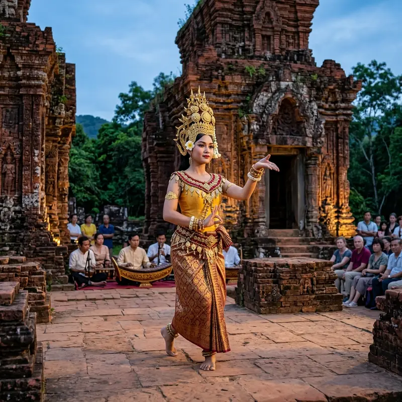 माई सन पवित्र स्थल में कलाकारों द्वारा अप्सरा नृत्य