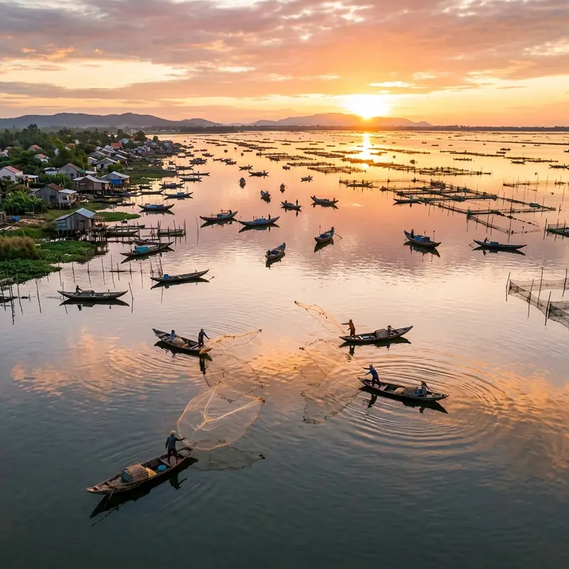 Sunrise over Tam Giang Lagoon with fishing boats and nets spread across the brackish water, fog covering the scene creating a mystical atmosphere characteristic of Southeast Asia's largest lagoon