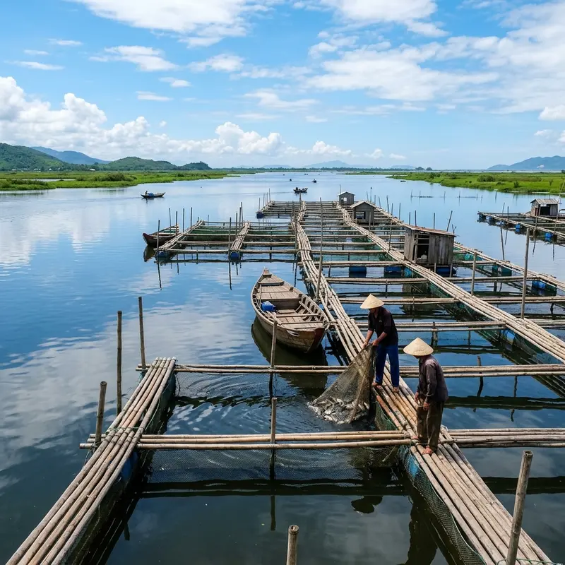 Tour bus parked by the Tam Giang Lagoon at dawn, tourists preparing to board a boat to explore Southeast Asia's largest brackish water lagoon in Thua Thien Hue