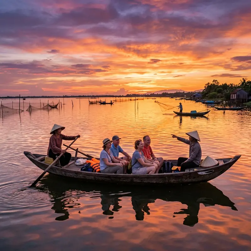Tourists cycling on a small dike along Tam Giang Lagoon at sunset, with the vast brackish water and fishing boats on one side, and lush green rice paddies of the Thua Thien Hue lagoon area on the other