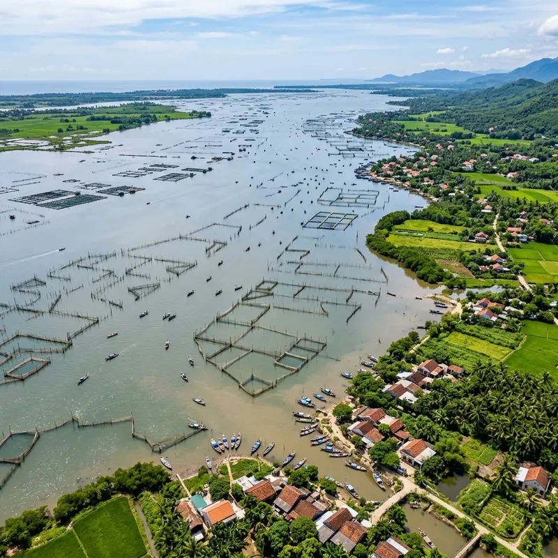A plate of fragrant grilled oysters with scallion oil, a specialty of Tam Giang Lagoon, next to salt-roasted shrimp and steamed mud crabs with lemongrass, characteristic brackish water seafood dishes of Thua Thien Hue lagoon.