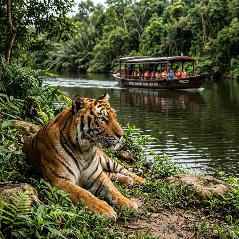 Hổ Bengal đang ngâm mình trong nước tại hồ chứa của River Safari, du khách quan sát từ thuyền gỗ truyền thống phía bên kia hồ