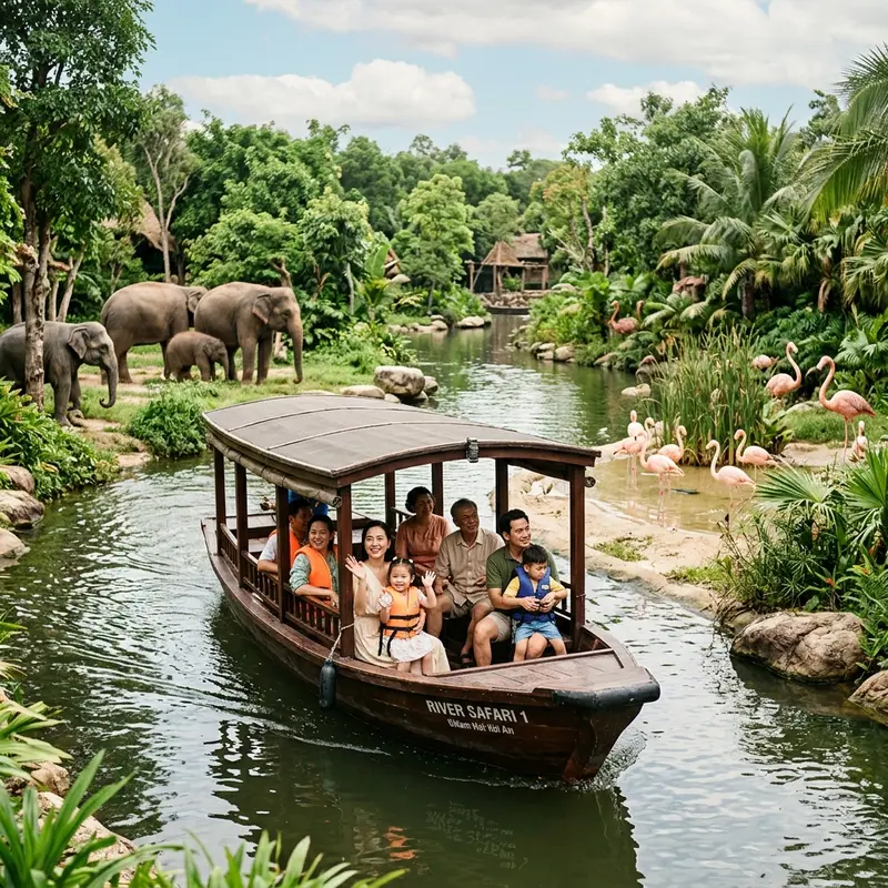 Thuyen tren song River Safari Nam Hoi An, du khach quan sat dong vat hoang da tu tren thuyen go