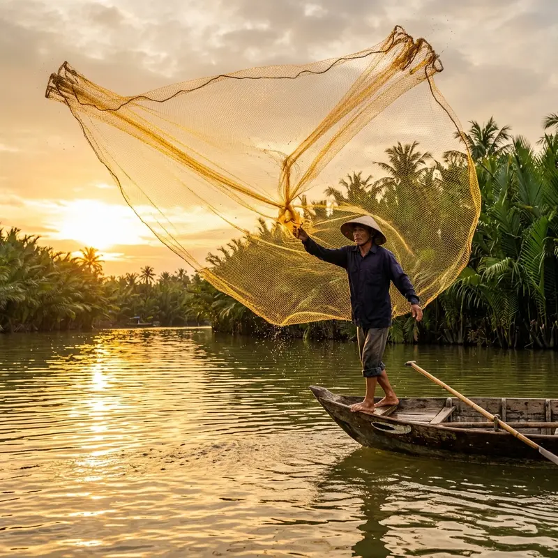 Local people performing the exquisite art of casting fishing nets on the Đế Võng River