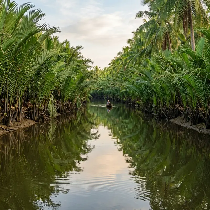 Lush, peaceful nipa palm groves casting shadows on a wild small canal in Cẩm Thanh