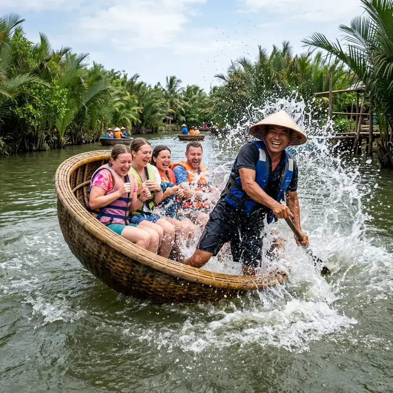 Tourists enjoy the unique spinning basket boat dance performance at Bảy Mẫu Coconut Forest
