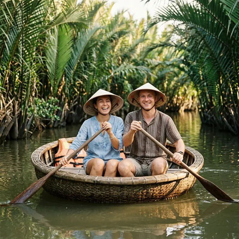 The radiant smile of foreign tourists experiencing a basket boat trip to explore the Mekong Delta-like coconut forest in the heart of Central Vietnam