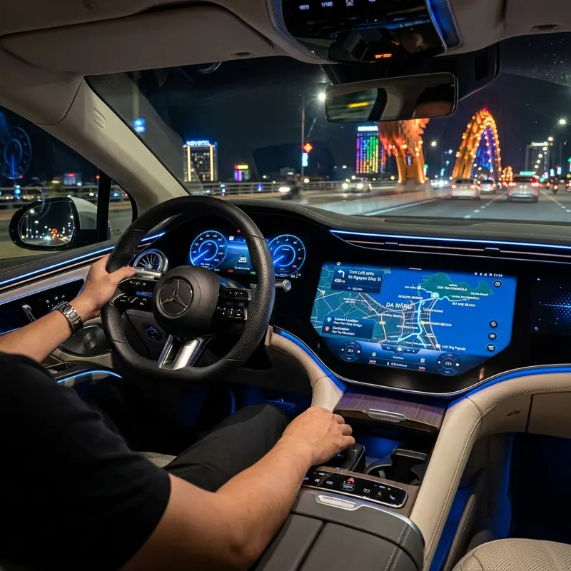 Spacious, clean, fragrant interior cabin with modern technology in a self-drive car