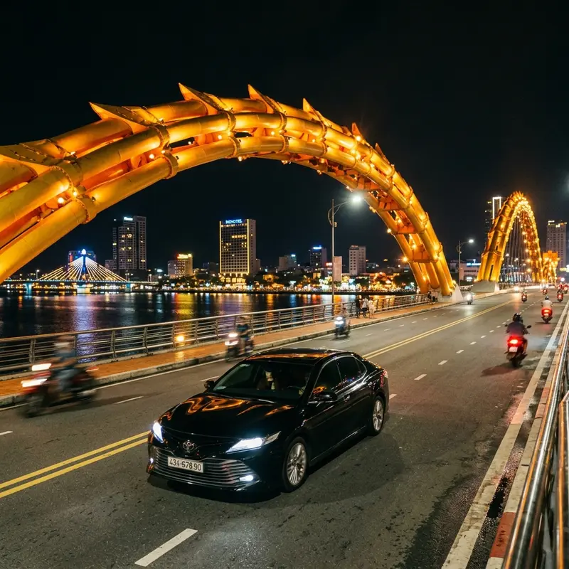 New model sedan self-drive car operating smoothly and quietly on the windy coastal roads of Da Nang