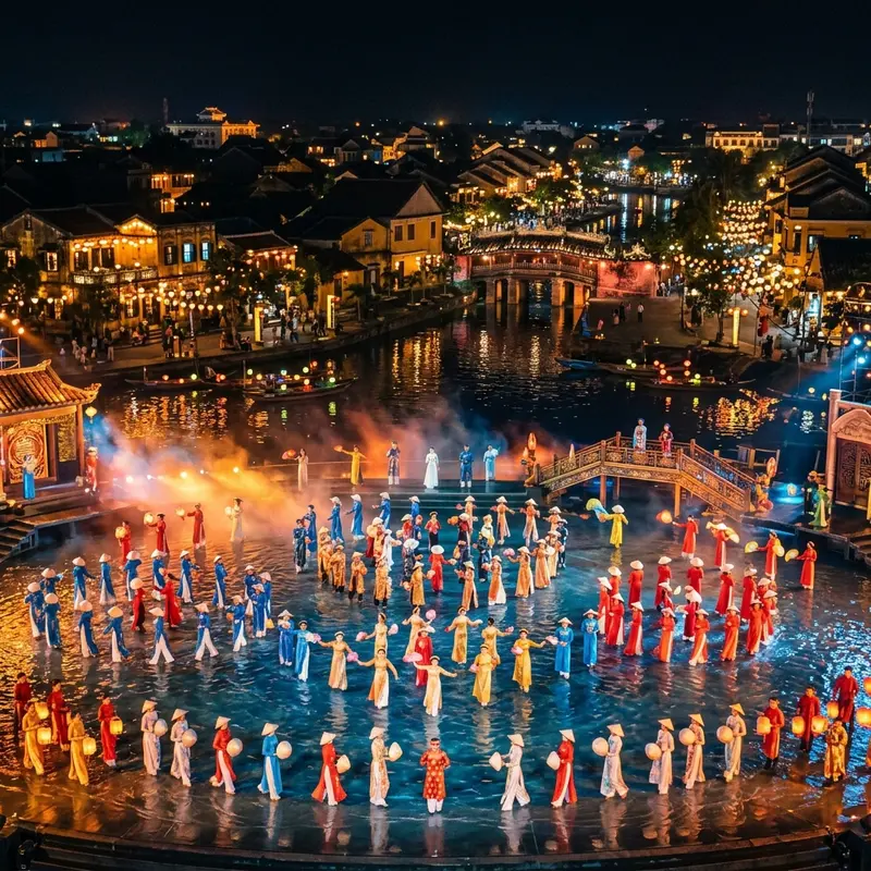 Panoramic view of the giant outdoor stage of the Hoi An Memories show at night, with sparkling lights reflecting on the water, hundreds of actors performing, and a full audience in the stands