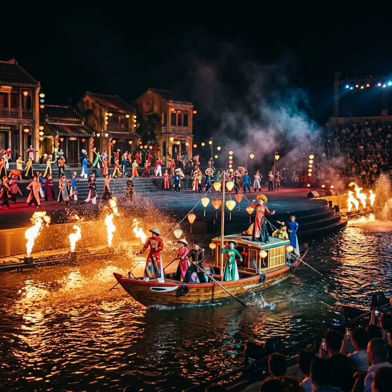 A shuttle bus for tourists stops in front of the entrance to Hoi An's Memories Land in the evening, the driver wears a professional uniform, and tourists are getting off the bus to prepare to watch the show
