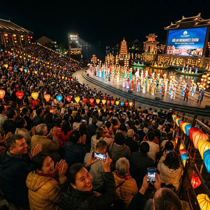 Cultural experience area before the show at Hoi An Impression Theme Park, tourists trying to make Hoi An lanterns with artisans, cozy atmosphere under the warm lights