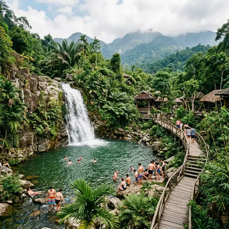 ダナン Núi Thần Tài の屋外温泉浴槽。湯気がかすかに立ち込め、周囲は緑豊かな山林で、木々の葉の間から朝の光が差し込んでいる