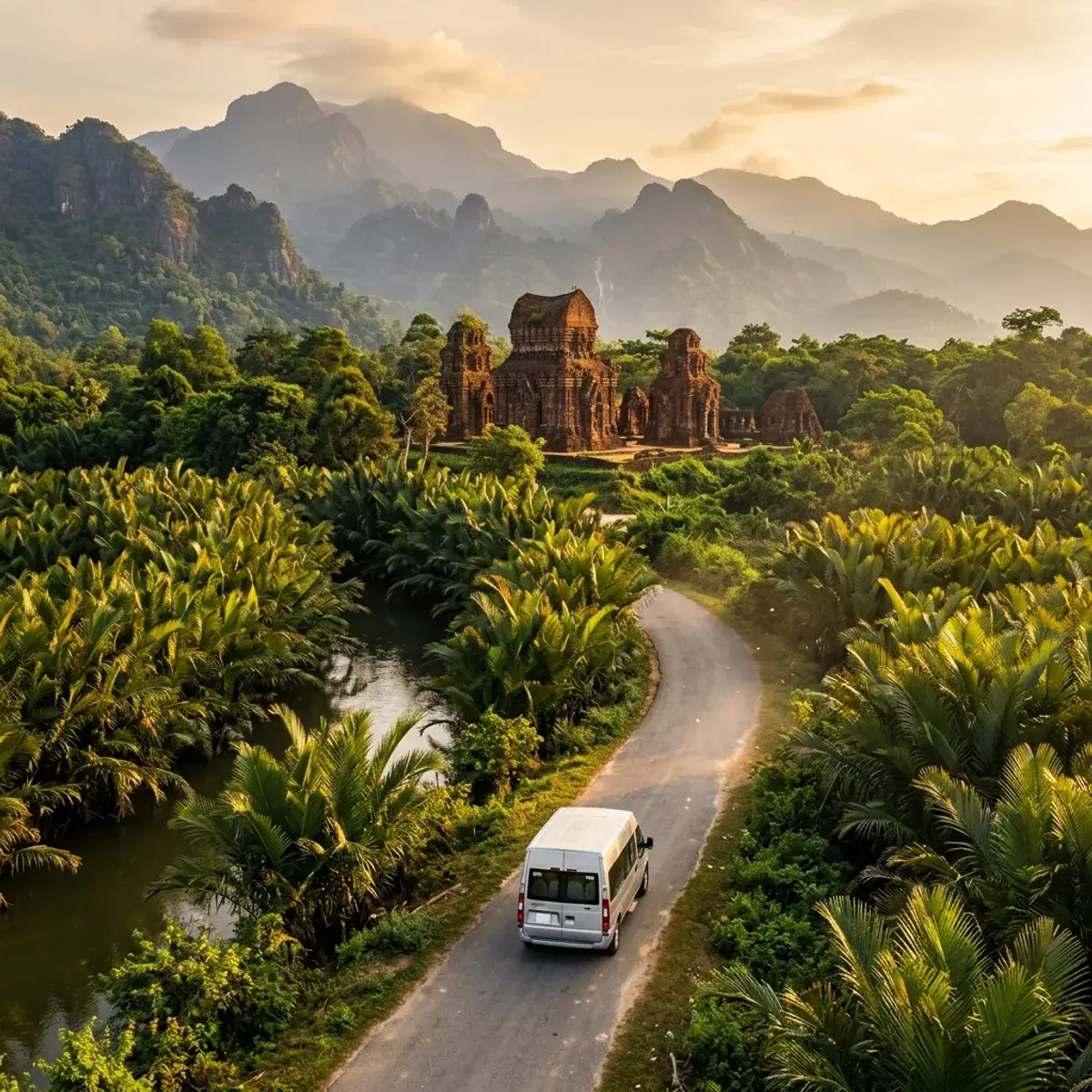 Cham Pa temple complex at My Son bathed in golden afternoon sunlight in Quang Nam