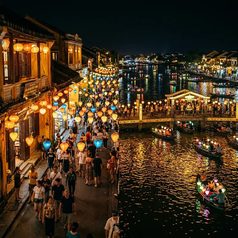 Hoi An ancient town glowing with lanterns at night viewed from Thu Bon River bank