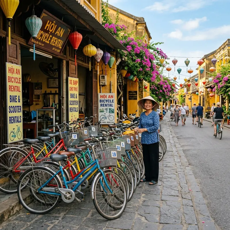 Rows of colorful bicycles neatly arranged in front of a rental shop in Hoi An’s Old Town, featuring characteristic blue and red classic French-style bikes - Hoi An bicycle rental tips